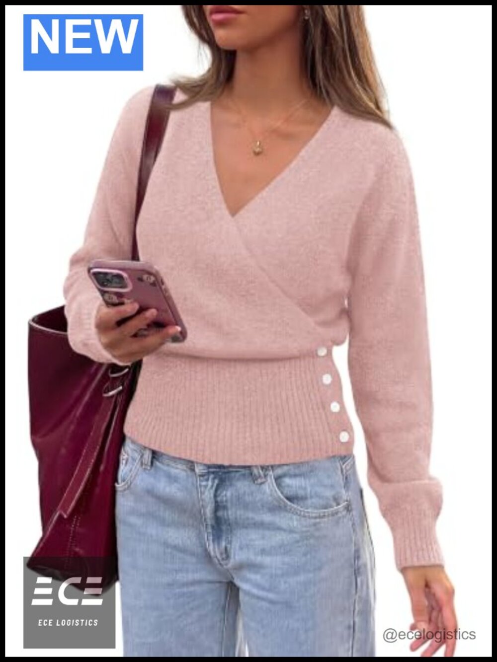 Women's V Neck Wrap Cropped Sweater Long Sleeve Button Knit Pullover